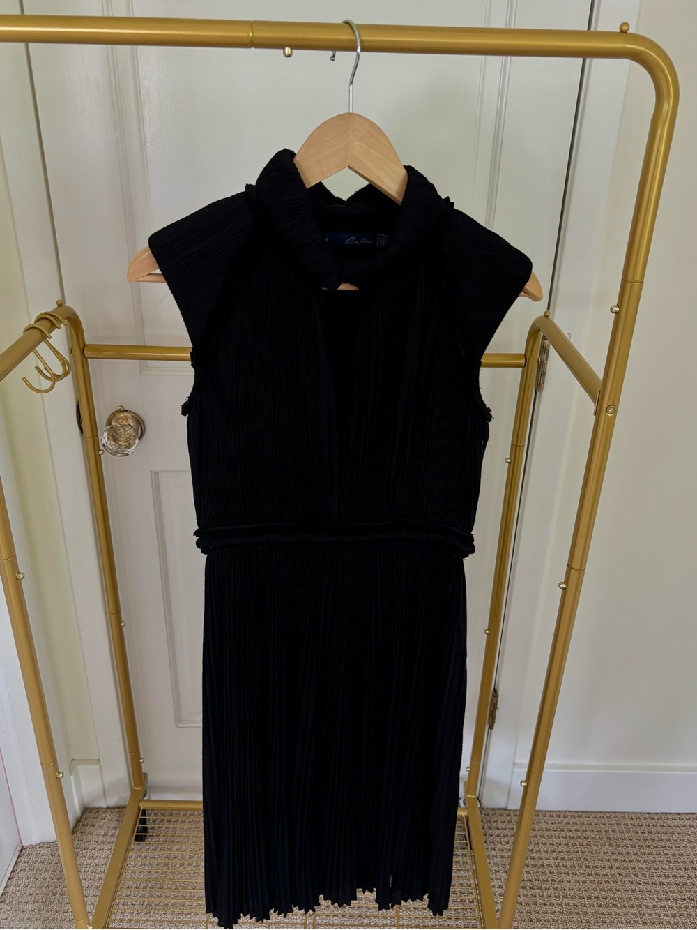 Anne Klein Black Pleated Midi Dress with High Neck